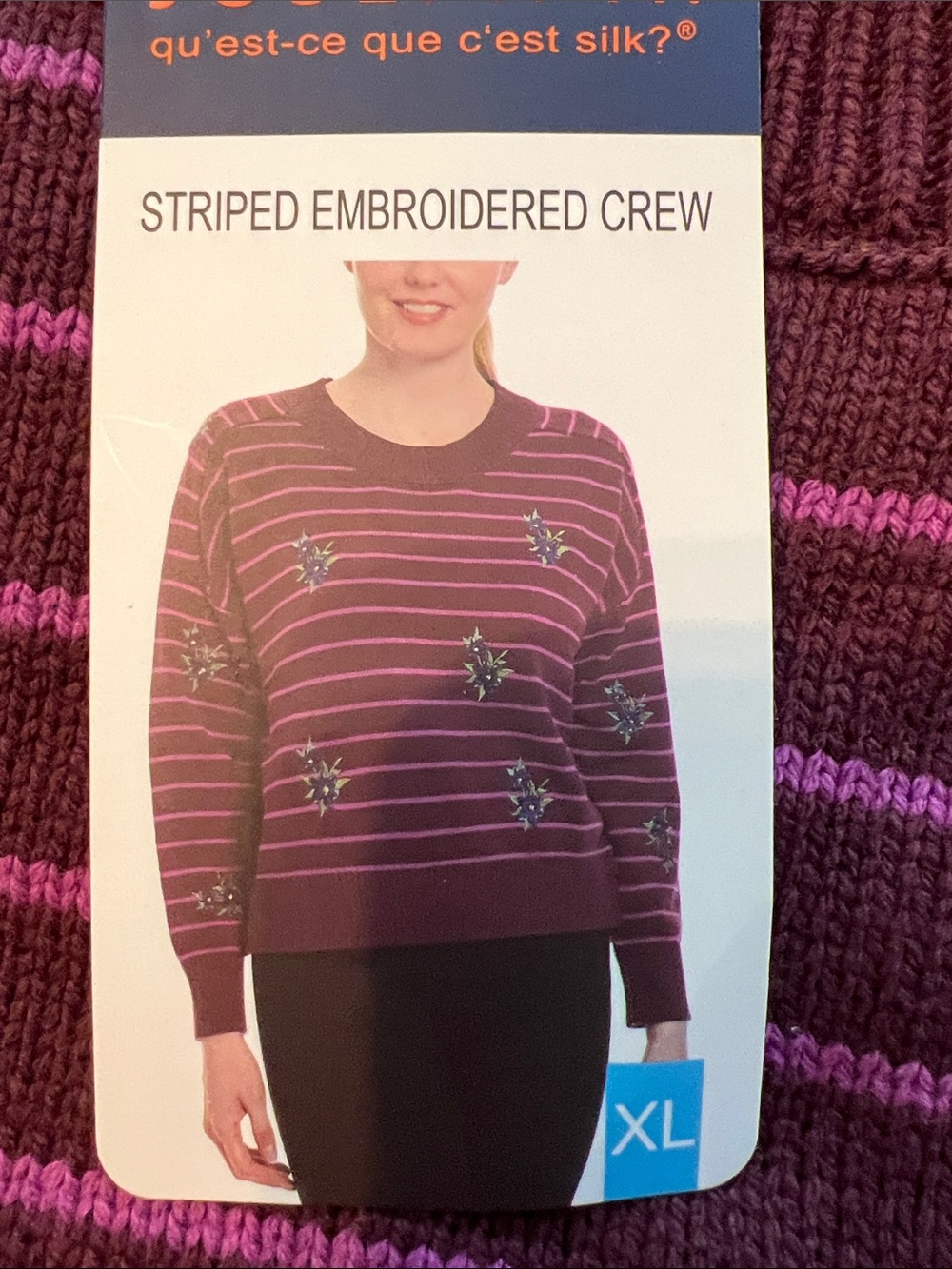 Joseph A. Striped Embroidered Crew Sweater in Maroon with Stripes